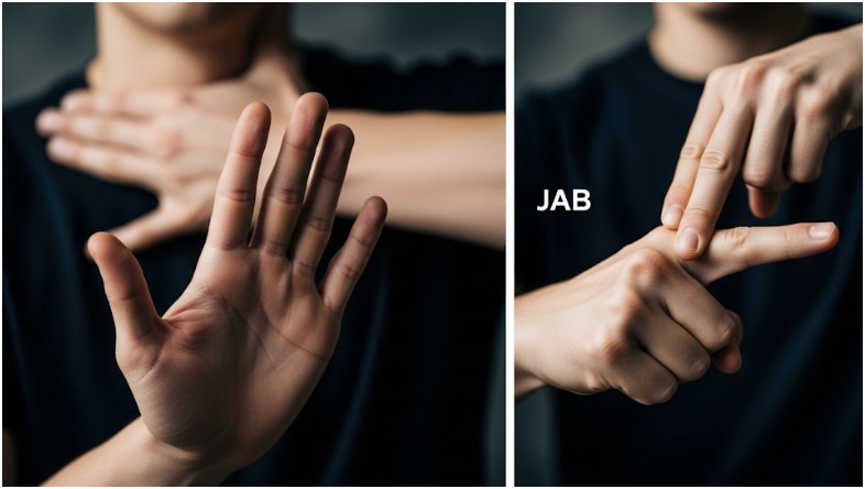A palm strike to the throat or a sharp jab